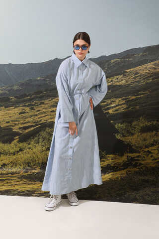 Çizgili Poplin Gömlek Elbise Mavi - 5