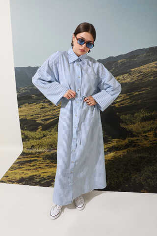 Çizgili Poplin Gömlek Elbise Mavi - 6