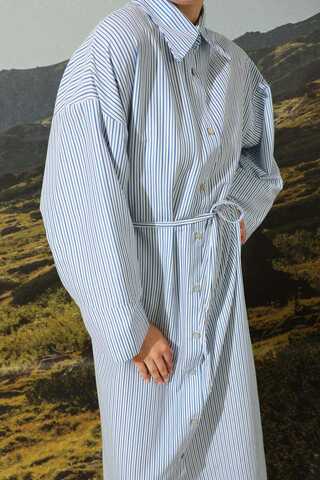 Çizgili Poplin Gömlek Elbise Mavi - 10