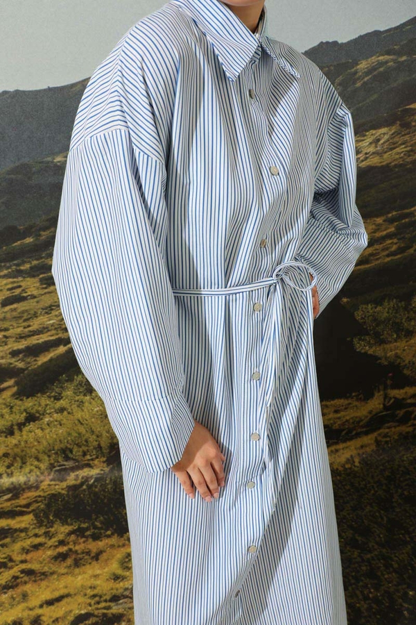 Çizgili Poplin Gömlek Elbise Mavi - 10