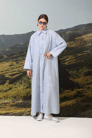 Çizgili Poplin Gömlek Elbise Mavi - 2