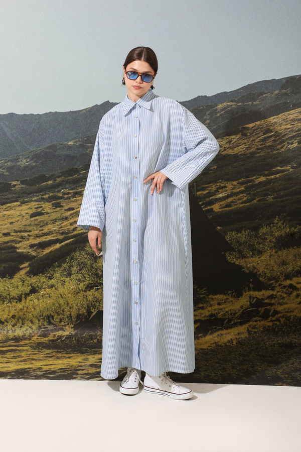 Çizgili Poplin Gömlek Elbise Mavi - 2