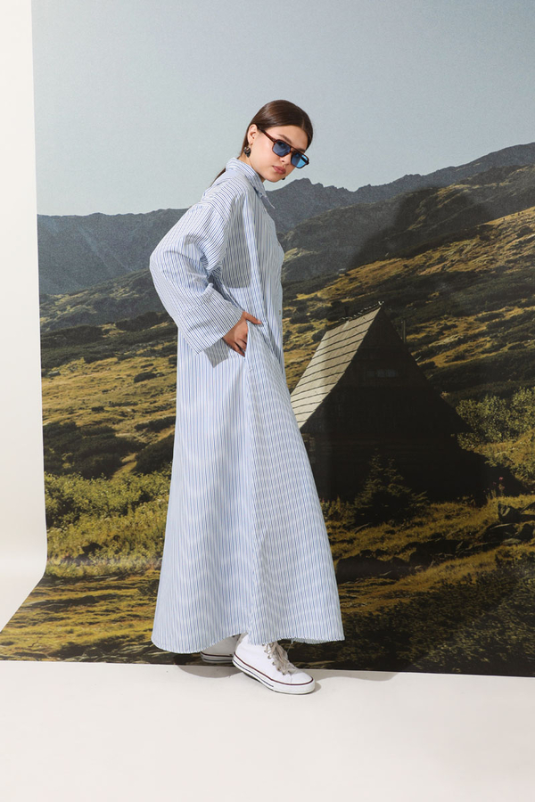 Çizgili Poplin Gömlek Elbise Mavi - 4