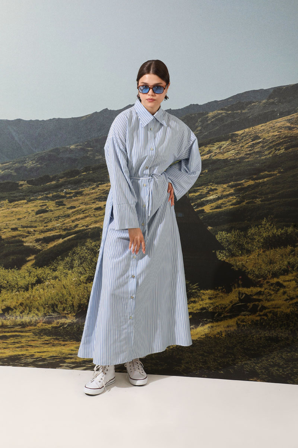 Çizgili Poplin Gömlek Elbise Mavi - 5