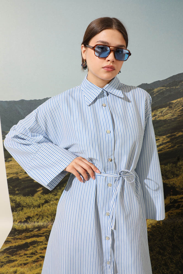 Çizgili Poplin Gömlek Elbise Mavi - 7