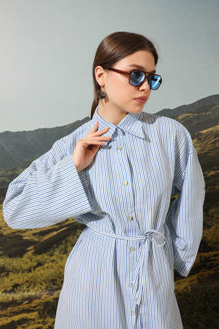 Çizgili Poplin Gömlek Elbise Mavi - 8