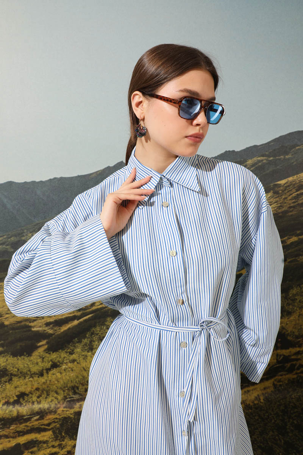 Çizgili Poplin Gömlek Elbise Mavi - 8