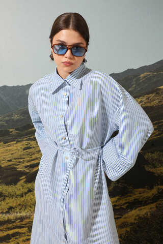 Çizgili Poplin Gömlek Elbise Mavi - 9