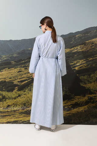 Çizgili Poplin Gömlek Elbise Mavi - 11