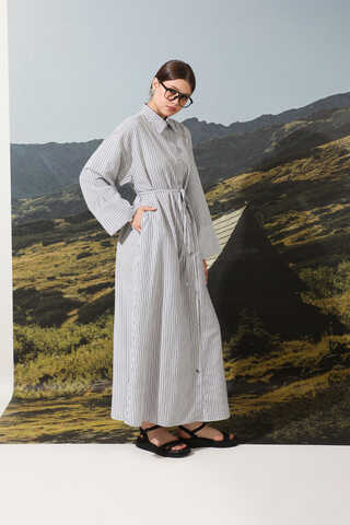 Çizgili Poplin Gömlek Elbise Siyah - 2