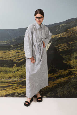 Çizgili Poplin Gömlek Elbise Siyah - 4