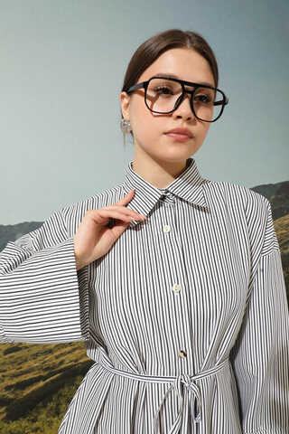 Çizgili Poplin Gömlek Elbise Siyah - 3