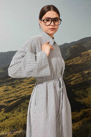 Çizgili Poplin Gömlek Elbise Siyah - 5