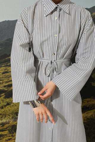 Çizgili Poplin Gömlek Elbise Siyah - 1