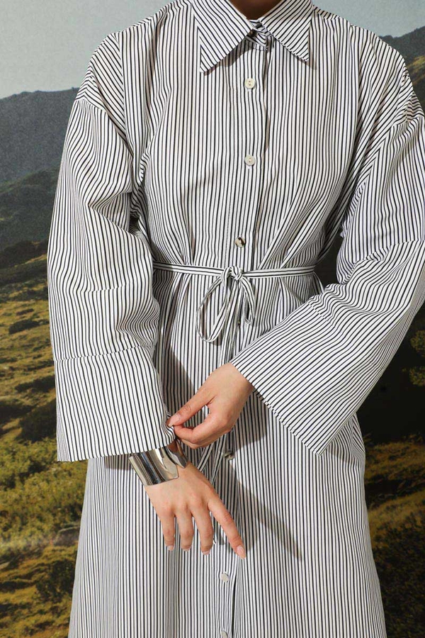 Çizgili Poplin Gömlek Elbise Siyah - 1