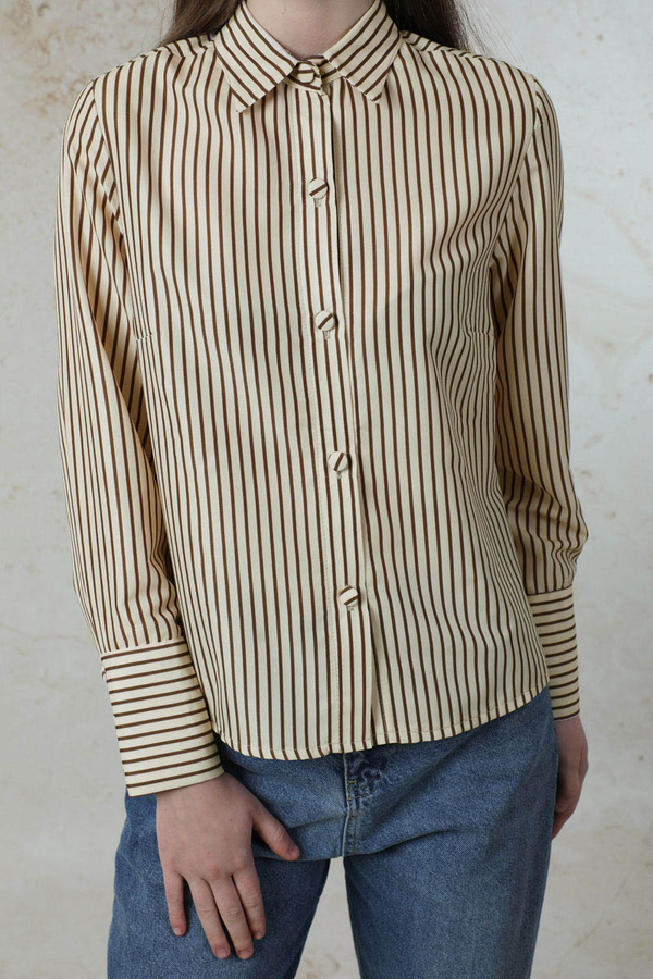 Çizgili Poplin Kısa Gömlek Kahverengi - 2