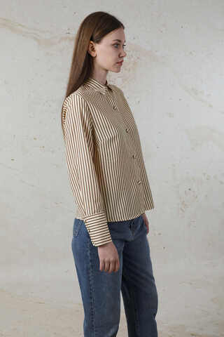 Çizgili Poplin Kısa Gömlek Kahverengi - 3