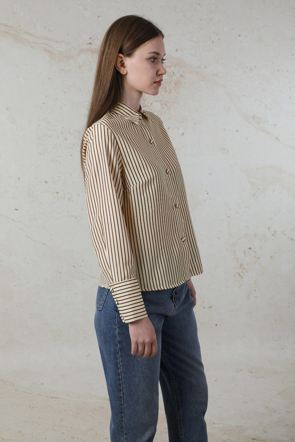 Çizgili Poplin Kısa Gömlek Kahverengi - 3