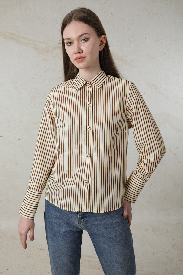 Çizgili Poplin Kısa Gömlek Kahverengi 