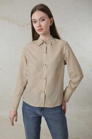 Çizgili Poplin Kısa Gömlek Kahverengi - 1