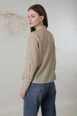 Çizgili Poplin Kısa Gömlek Kahverengi - 5