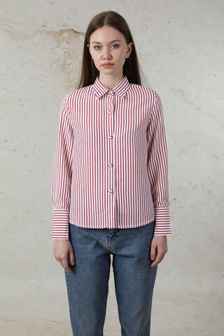 Çizgili Poplin Kısa Gömlek Nar Çiçeği - 1