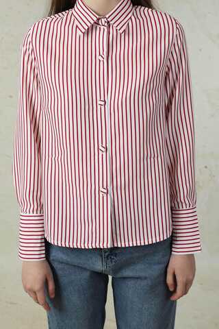 Çizgili Poplin Kısa Gömlek Nar Çiçeği - 2