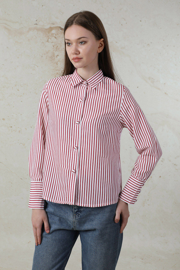 Çizgili Poplin Kısa Gömlek Nar Çiçeği - 3