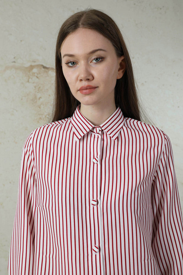 Çizgili Poplin Kısa Gömlek Nar Çiçeği - 4