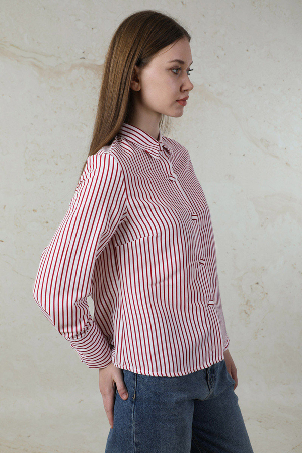 Çizgili Poplin Kısa Gömlek Nar Çiçeği - 5