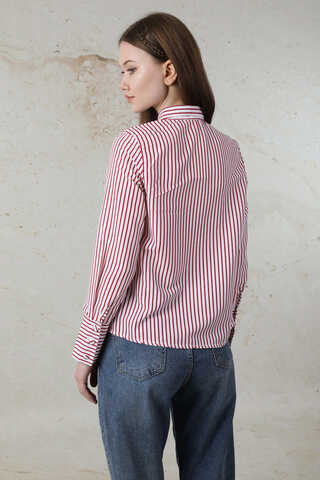 Çizgili Poplin Kısa Gömlek Nar Çiçeği - 6