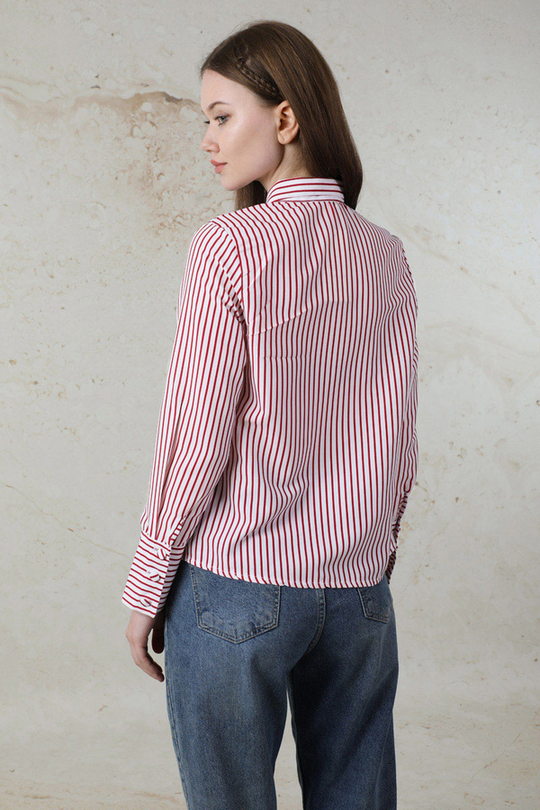 Çizgili Poplin Kısa Gömlek Nar Çiçeği - 6