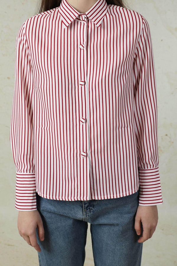 Çizgili Poplin Kısa Gömlek Nar Çiçeği - 2