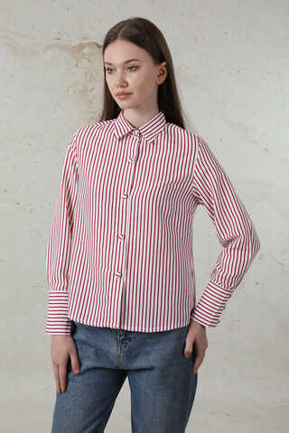 Çizgili Poplin Kısa Gömlek Nar Çiçeği - 3