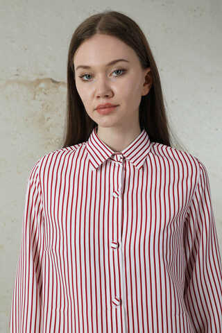 Çizgili Poplin Kısa Gömlek Nar Çiçeği - 4