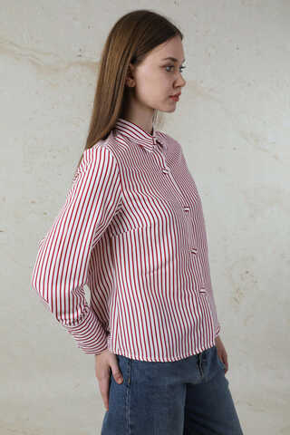 Çizgili Poplin Kısa Gömlek Nar Çiçeği - 5