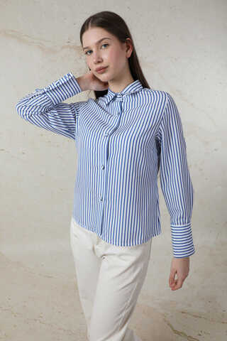 Çizgili Poplin Kısa Gömlek Saks Mavisi - 3