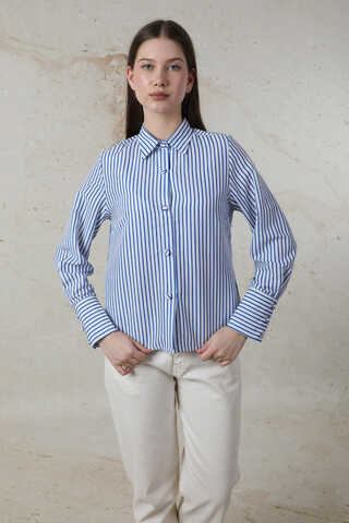 Çizgili Poplin Kısa Gömlek Saks Mavisi - 1