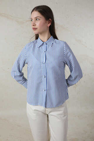 Çizgili Poplin Kısa Gömlek Saks Mavisi - 2