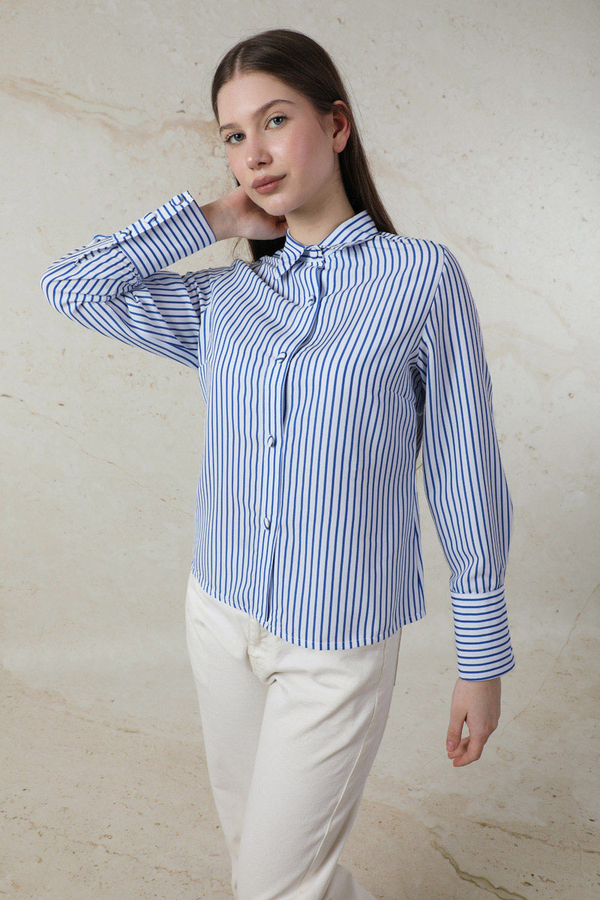 Çizgili Poplin Kısa Gömlek Saks Mavisi - 3