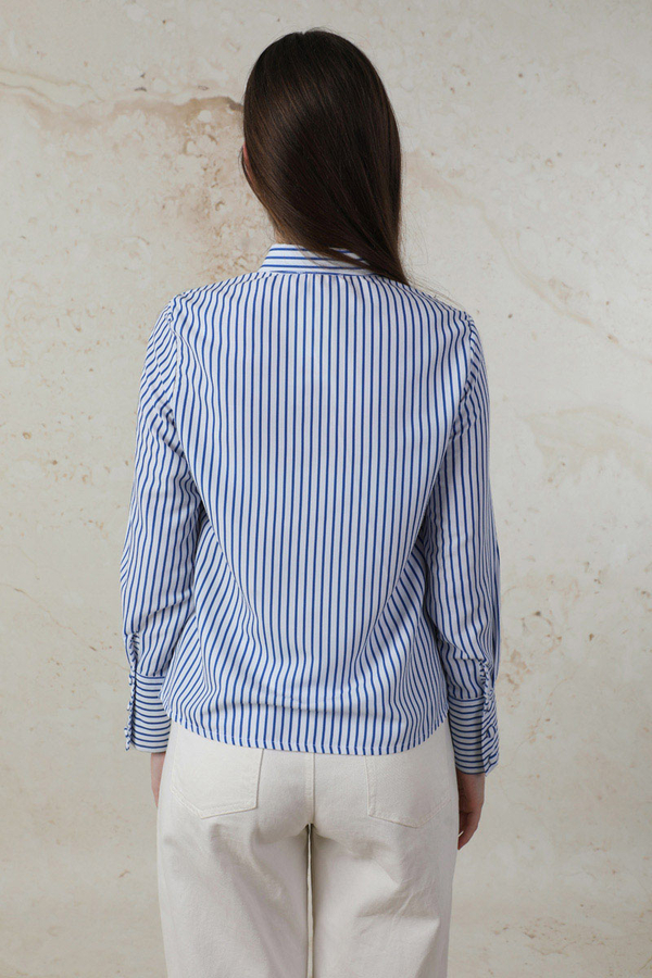 Çizgili Poplin Kısa Gömlek Saks Mavisi - 4