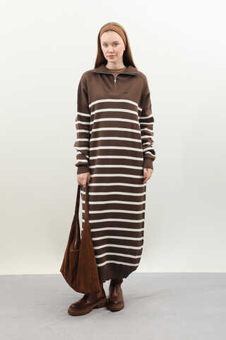 Çizgili Uzun Elbise Kahverengi - 1