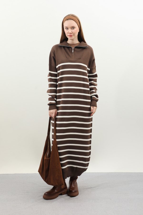 Çizgili Uzun Elbise Kahverengi - 1