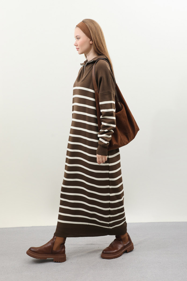 Çizgili Uzun Elbise Kahverengi - 2