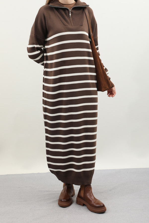 Çizgili Uzun Elbise Kahverengi - 3