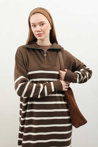 Çizgili Uzun Elbise Kahverengi - 4