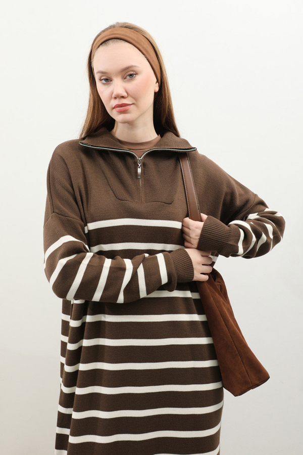 Çizgili Uzun Elbise Kahverengi - 4