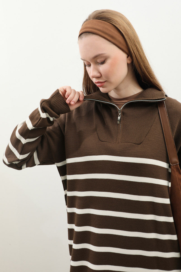 Çizgili Uzun Elbise Kahverengi - 5