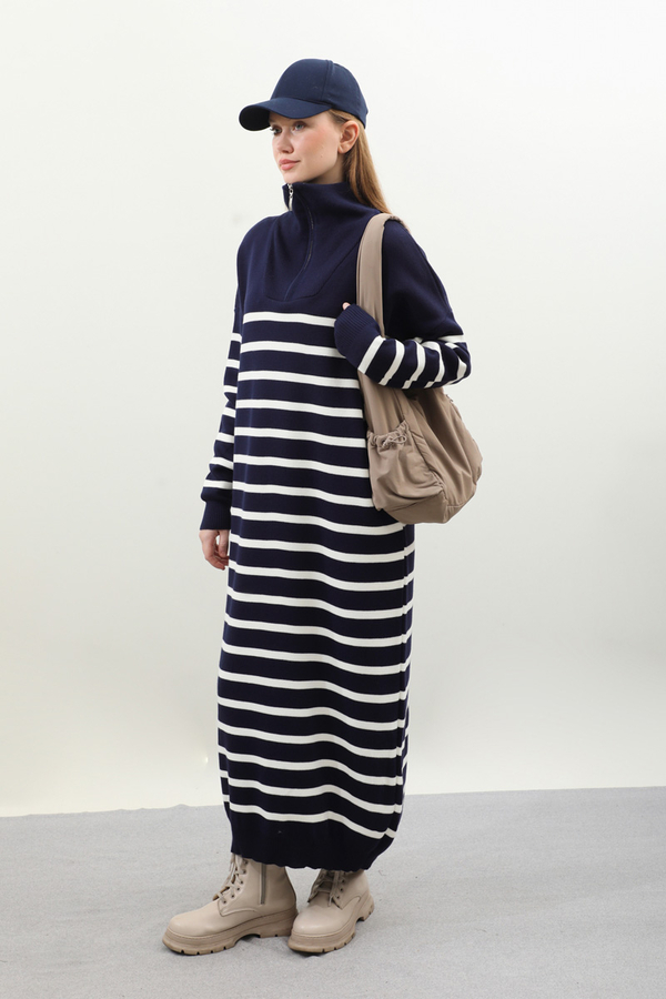 Çizgili Uzun Elbise Lacivert - 3