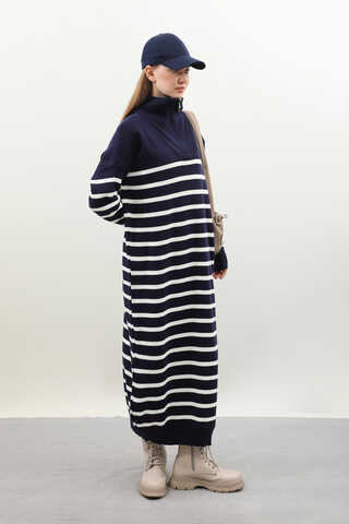 Çizgili Uzun Elbise Lacivert - 4